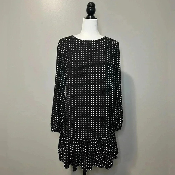 Tahari Long Balloon  Sleeve Ruffled Hem Polkadot Pattern Babydoll Dress - Picture 1 of 11